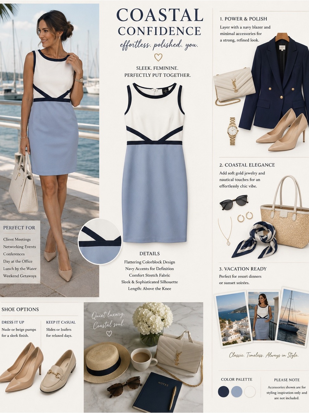 Sleeveless Colorblock White and Light Blue/Gray Dress with Navy Blue Trim